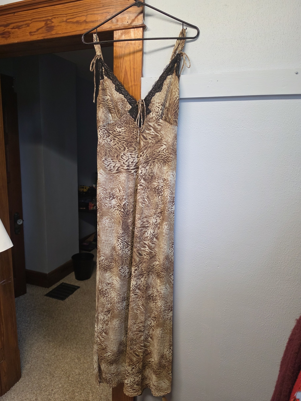 Brown Animal-Print Maxi Slip Dress with Lace Trim